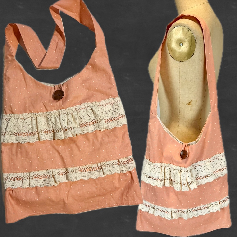 Cottagecore lace ruffle bag crossbody tote‎ purse peach polka dot handmade